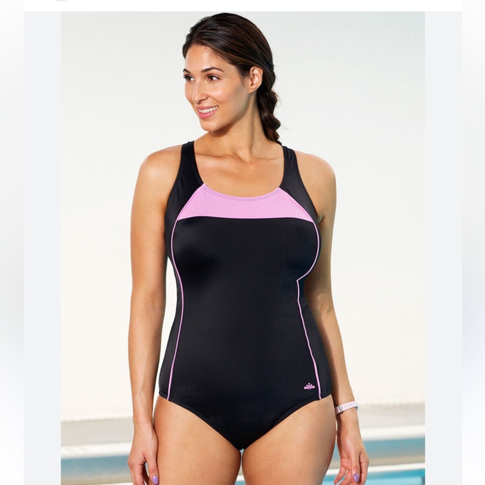 Aquabelle orchid border plus size cross back women’s one piece swimsuit